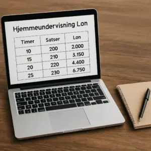Laptop med tabel over hjemmeundervisning løn satser på et træbord ved siden af notesbog og kuglepen