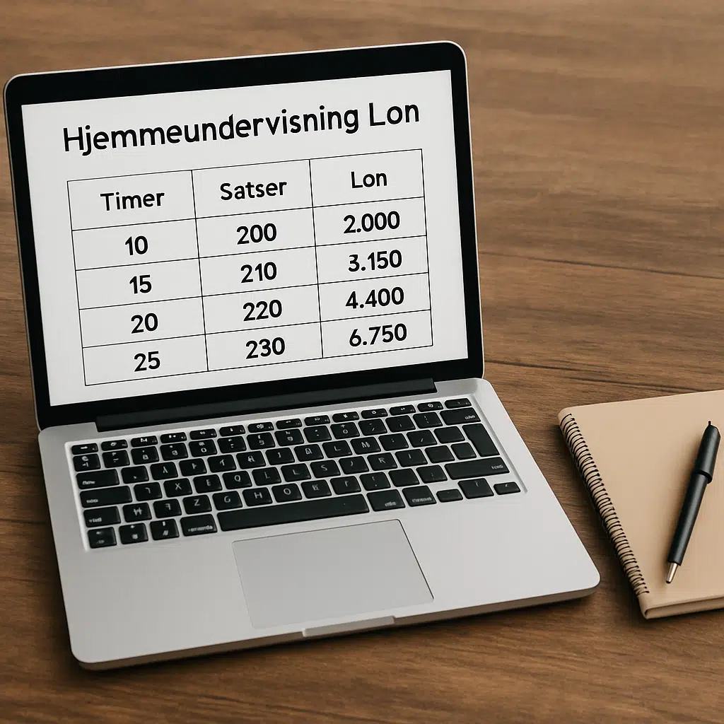 Laptop med tabel over hjemmeundervisning løn satser på et træbord ved siden af notesbog og kuglepen
