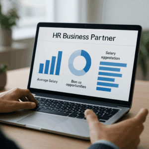 HR Business Partner lønpræsentation på laptop med grafer over gennemsnitlig løn, bonusmuligheder og lønforhandlingstips