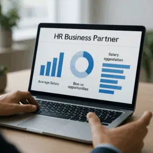 HR Business Partner lønpræsentation på laptop med grafer over gennemsnitlig løn, bonusmuligheder og lønforhandlingstips