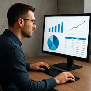 IT-ingeniør gennemgår lønstatistik for 2024 på skærm med grafer og tabeller