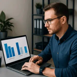 IT projektleder gennemgår lønstatistikker på laptop med grafer over gennemsnitlig løn, startløn og bonus