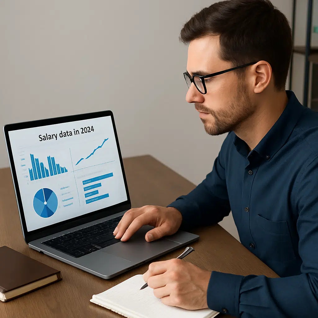 IT projektleder gennemgår lønstatistikker på laptop med grafer over gennemsnitlig løn, startløn og bonus