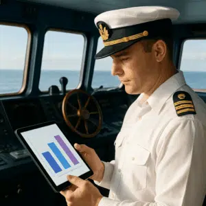 Skibskaptajn i hvid uniform i styrehuset kigger på tablet med grafer over kaptajn løn, bonusser og karrierefordele 2024
