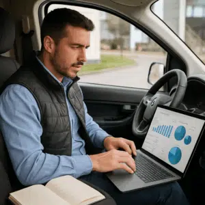 Kørende sælger sidder i varebil, gennemgår 2024-løntal og bonusser på sin laptop med notesbog på passagersædet