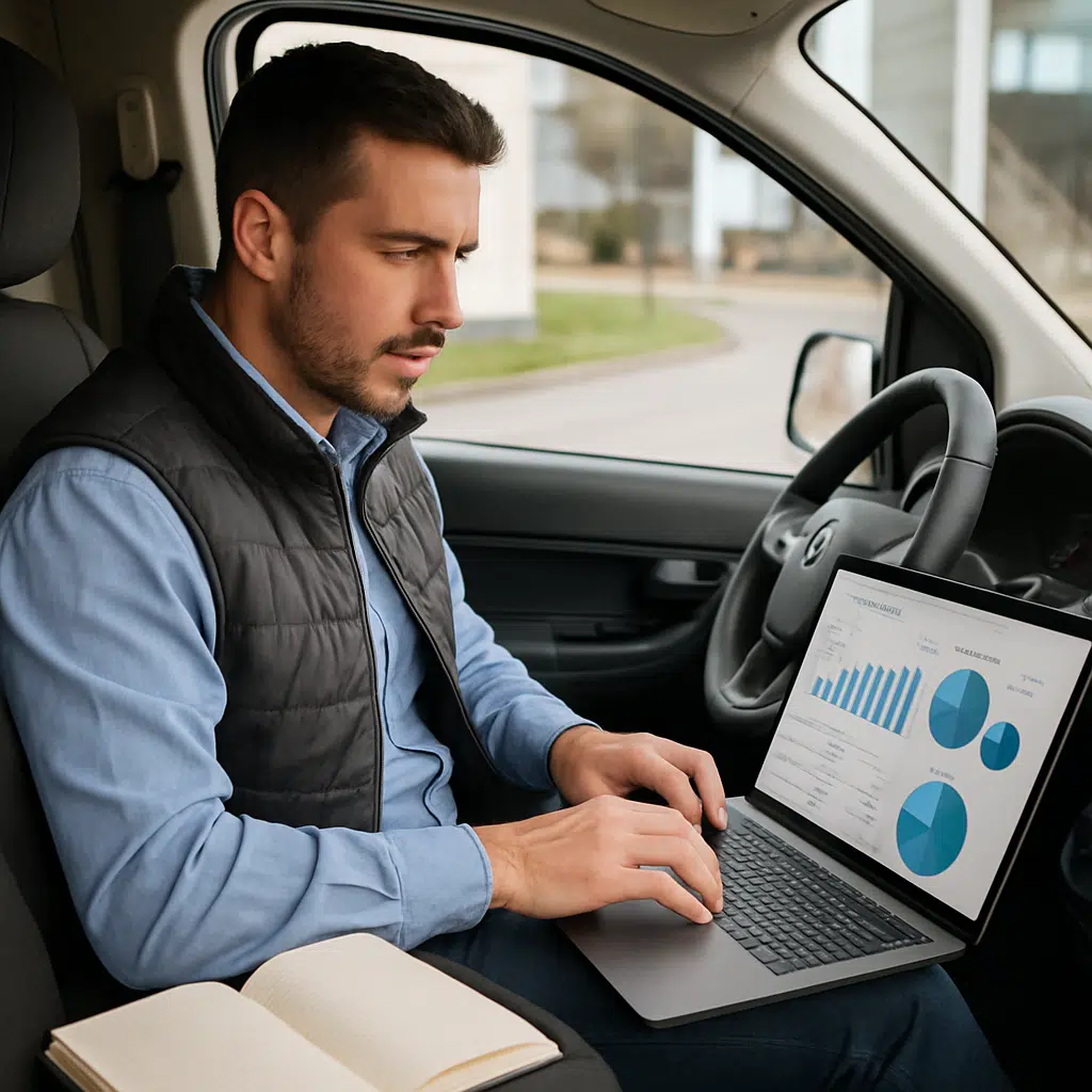 Kørende sælger sidder i varebil, gennemgår 2024-løntal og bonusser på sin laptop med notesbog på passagersædet
