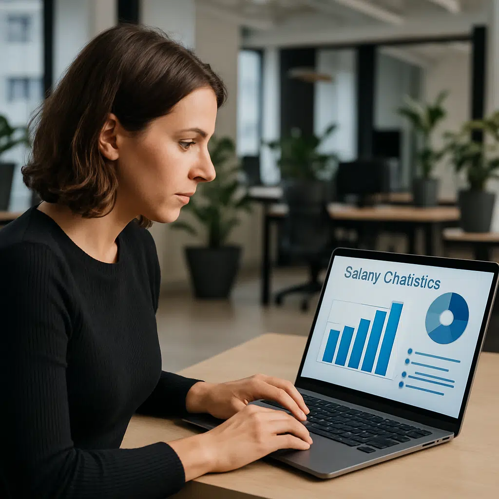 Kommunikationsmedarbejder undersøger lønstatistikker for 2024 på laptop i kontormiljø, med fokus på forhandlingstips