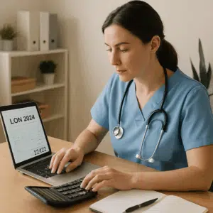 Konsultationssygeplejerske beregner sin løn for 2024 på en laptop ved sit skrivebord med pen og notater