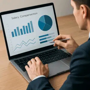 Kontrollør løn-sammenligning på laptop-skærm med diagrammer og grafer, mens en person i jakkesæt analyserer tallene.