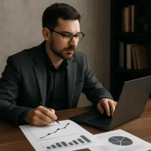 Kriminolog ved skrivebord med laptop og diagrammer, der illustrerer kriminologers lønudvikling i Danmark.