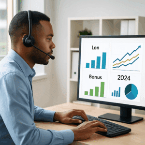 Kundeservicemedarbejder med headset sidder ved computer med grafer over løn, bonus og statistikker for 2024