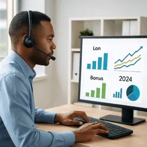 Kundeservicemedarbejder med headset sidder ved computer med grafer over løn, bonus og statistikker for 2024