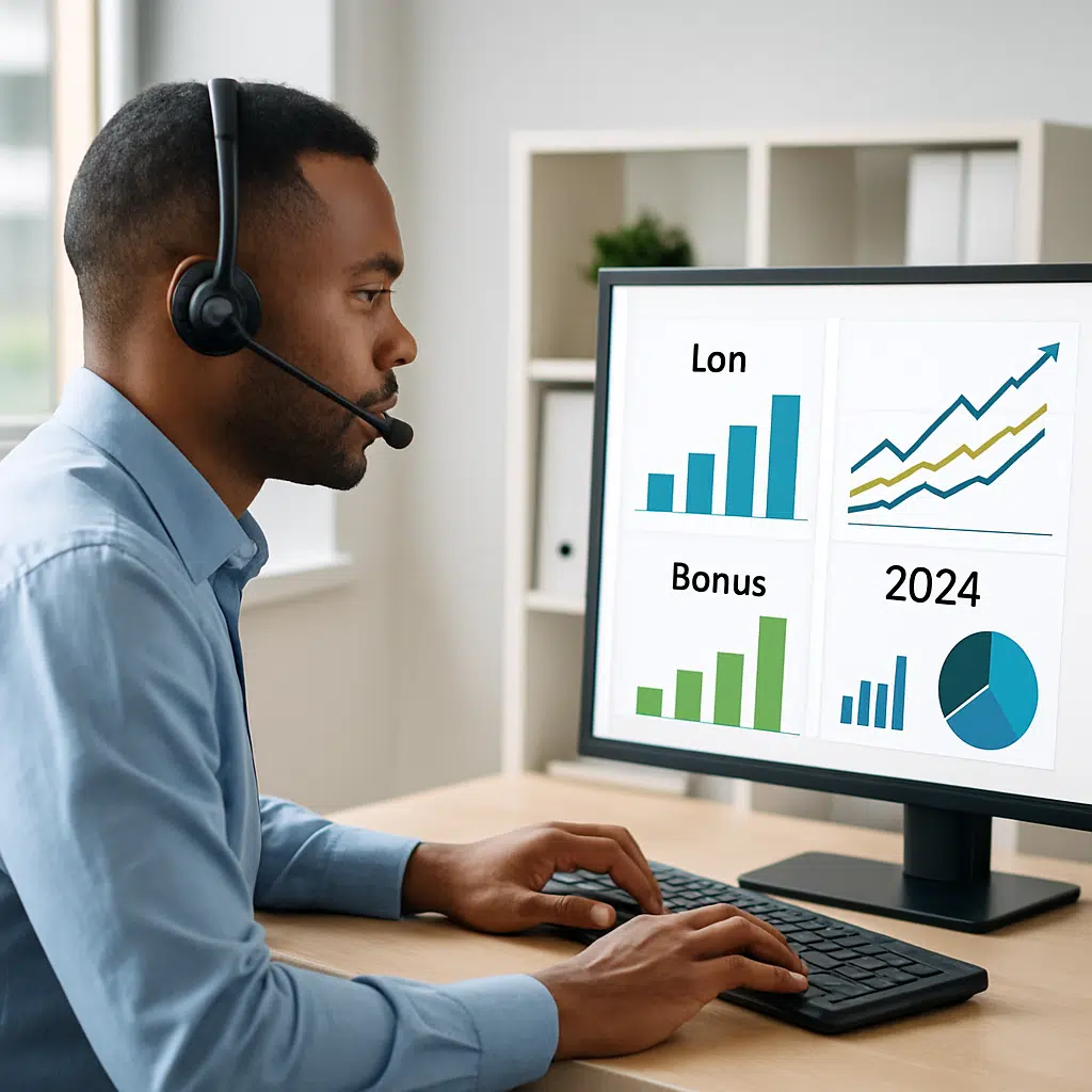 Kundeservicemedarbejder med headset sidder ved computer med grafer over løn, bonus og statistikker for 2024