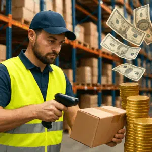 Lager- og logistikoperatør i gul sikkerhedsvest scanner kasser på lager, mens mønter og sedler symboliserer løn.