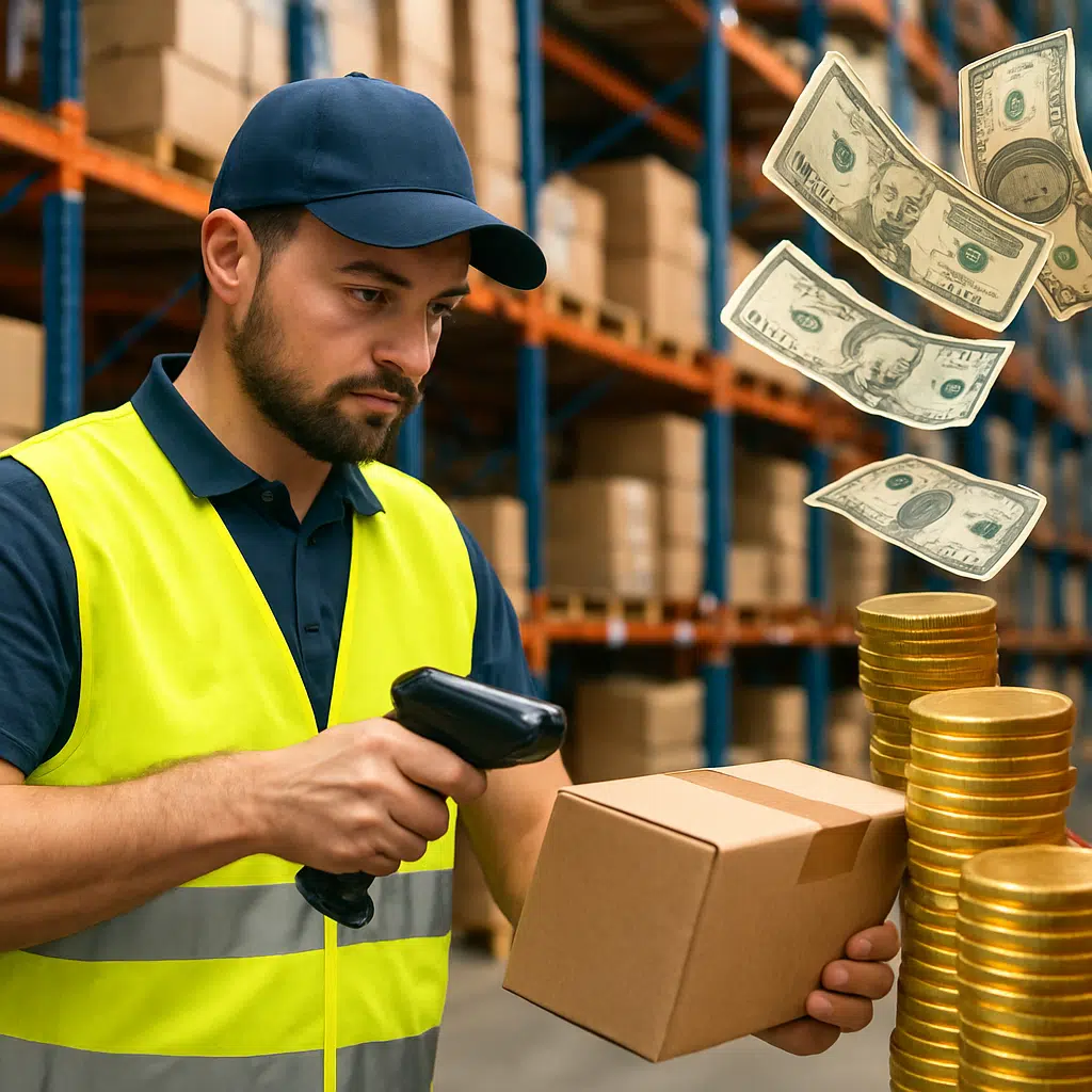 Lager- og logistikoperatør i gul sikkerhedsvest scanner kasser på lager, mens mønter og sedler symboliserer løn.