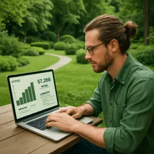 Landskabsarkitekt analyserer lønstatistik og karrieretips for 2024 på laptop i grønt udeområde.
