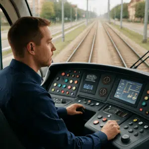 Letbanefører i førerhus ved kontrolpanel, symboliserer letbanefører løn og forhandlingsmuligheder 2024