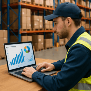 Logistikassistent ved lager tjekker lønstatistikker og diagrammer for 2024 på laptop inden lønforhandling