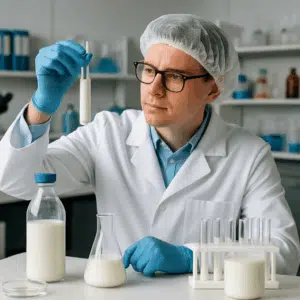 Mejeriingeniør i laboratorium, der analyserer mælk – symboliserer mejeriingeniør løn og karriereudsigter i 2024