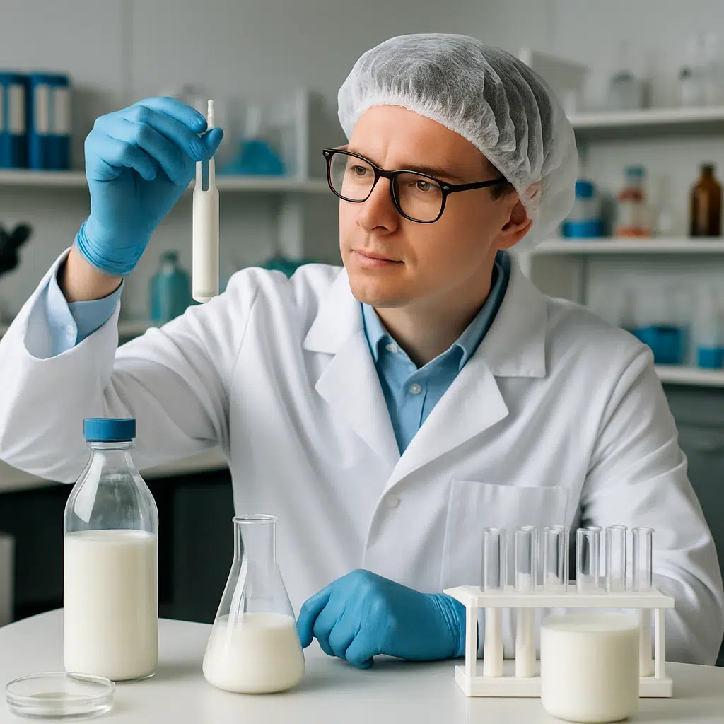 Mejeriingeniør i laboratorium, der analyserer mælk – symboliserer mejeriingeniør løn og karriereudsigter i 2024