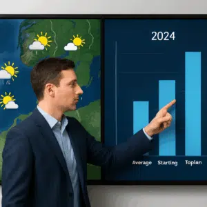 Meteorolog foran skærm med vejrkort og løngraf for 2024, der illustrerer gennemsnitlig løn, startløn og topløn i Danmark.