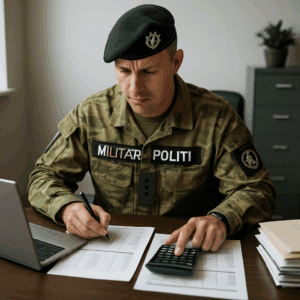 Militærpolitibetjent foran skrivebord med løndokumenter og beregninger af militærpoliti løn i 2024