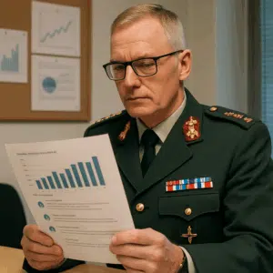Dansk oberst i uniform gennemgår oversigt over løn, tillæg og fordele i Forsvaret 2024