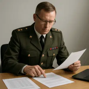 Oberstløjtnant løn gennemgås af en officer i Forsvarets uniform ved skrivebord med løn- og karrieredokumenter.