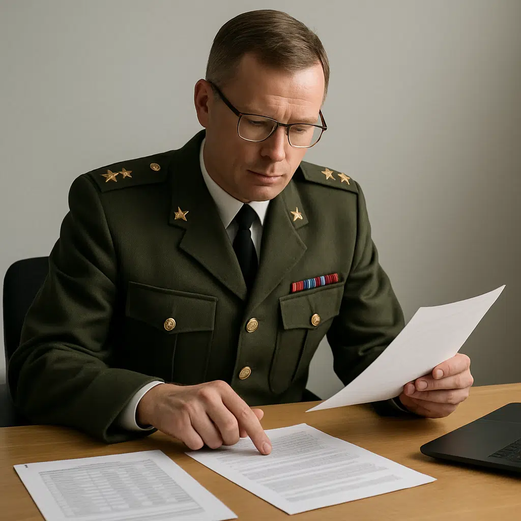 Oberstløjtnant løn gennemgås af en officer i Forsvarets uniform ved skrivebord med løn- og karrieredokumenter.