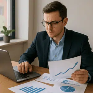 Person ved skrivebord med bærbar computer og papirer med diagrammer og tal, der viser økonomichef-lønnen i 2024 og branchetal.
