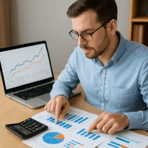 Økonomikonsulent ved skrivebord med laptop, kalkulator og diagrammer analyserer økonomikonsulent­løn i 2024 med fokus på gennemsnit, startløn og bonusmuligheder.