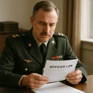 Dansk officer i uniform sidder ved skrivebord og gennemgår sin lønseddel med officer løn.