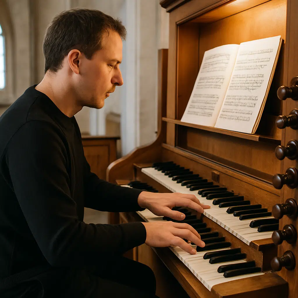 Kirkeorganist ved orgel med hænder på tangenter og nodeark – illustrerer organist løn og branche-statistik.