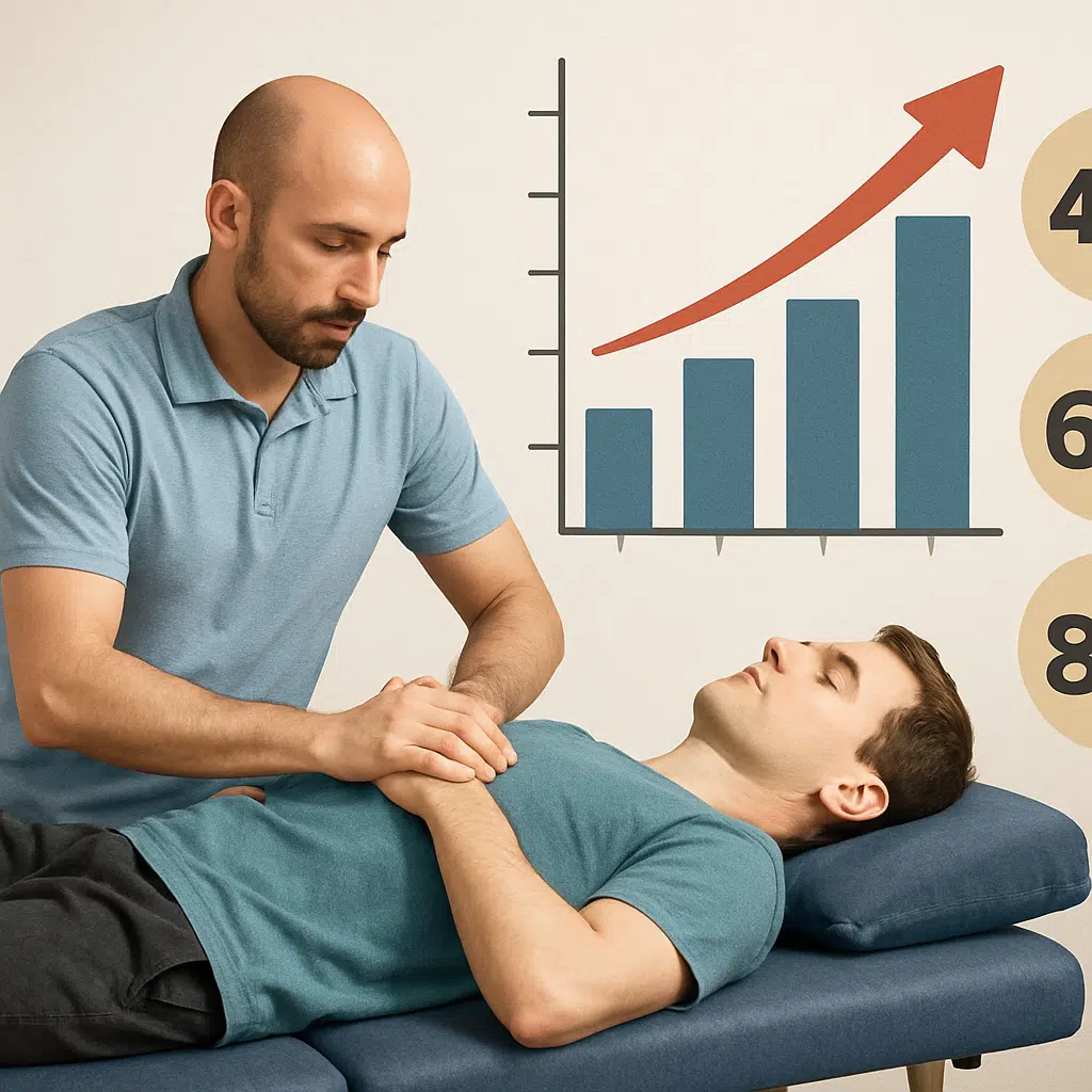 Osteopat behandler patient liggende på briks med løndiagram og nøgletal for osteopat løn i Danmark 2024