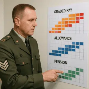 Oversergent i uniform gennemgår et farverigt diagram over løntrin, tillæg og pension for 2024.