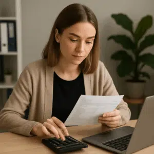 Personlig assistent løn i 2024 – kontorassistent ved skrivebord gennemgår lønseddel og beregner tillæg ved laptop