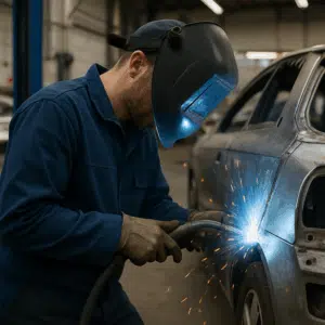 Pladesmed i blå arbejdstøj svejser bilkarrosseriplade i autoværksted, illustrerer pladesmed løn i 2024.