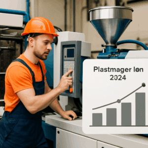Plastmager arbejder ved sprøjtestøbemaskine med grafisk oversigt over plastmager løn 2024