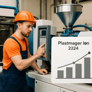 Plastmager arbejder ved sprøjtestøbemaskine med grafisk oversigt over plastmager løn 2024