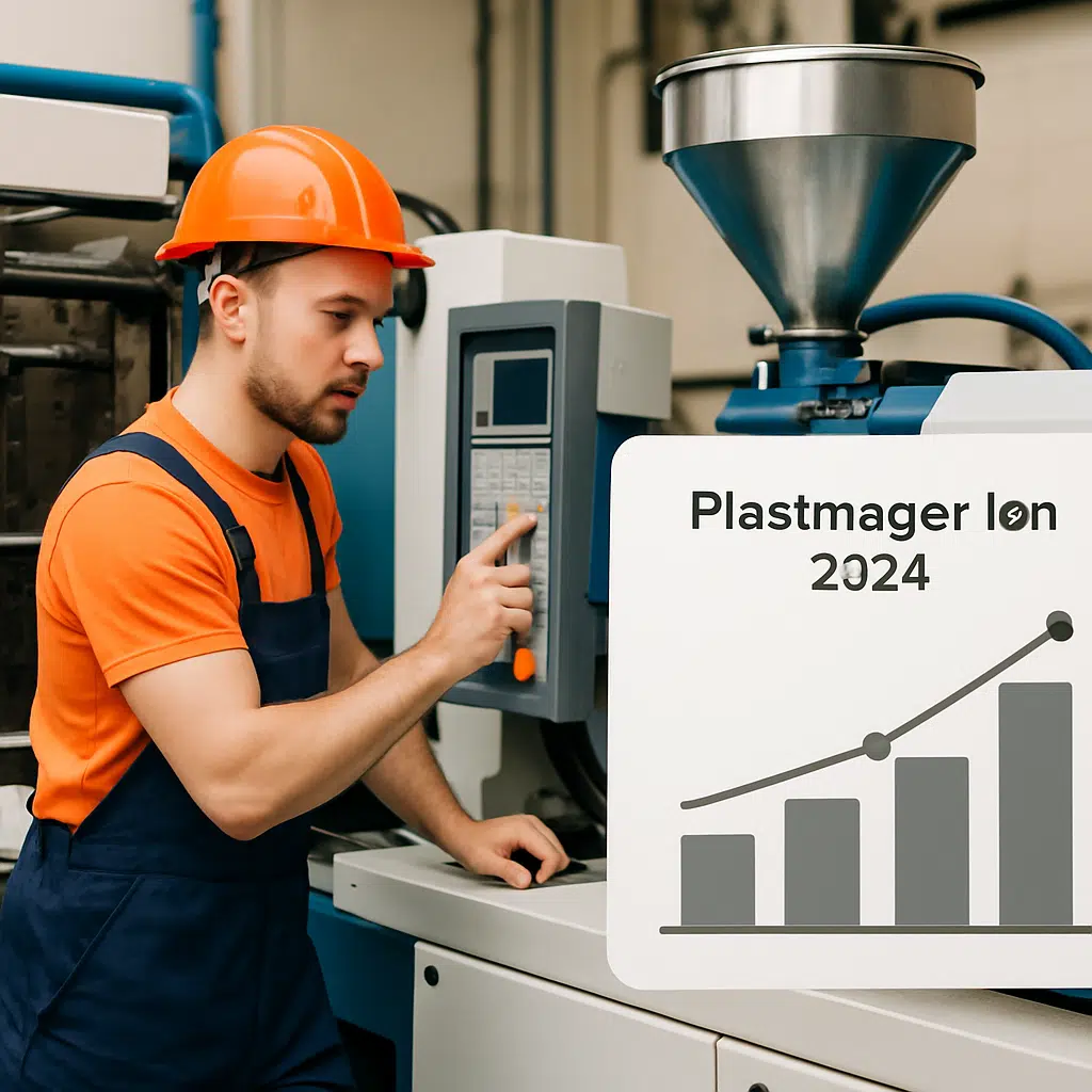 Plastmager arbejder ved sprøjtestøbemaskine med grafisk oversigt over plastmager løn 2024