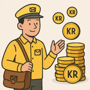 Postbud i gul uniform med posttaske og mønter symboliserer postbud løn 2024 i Danmark.