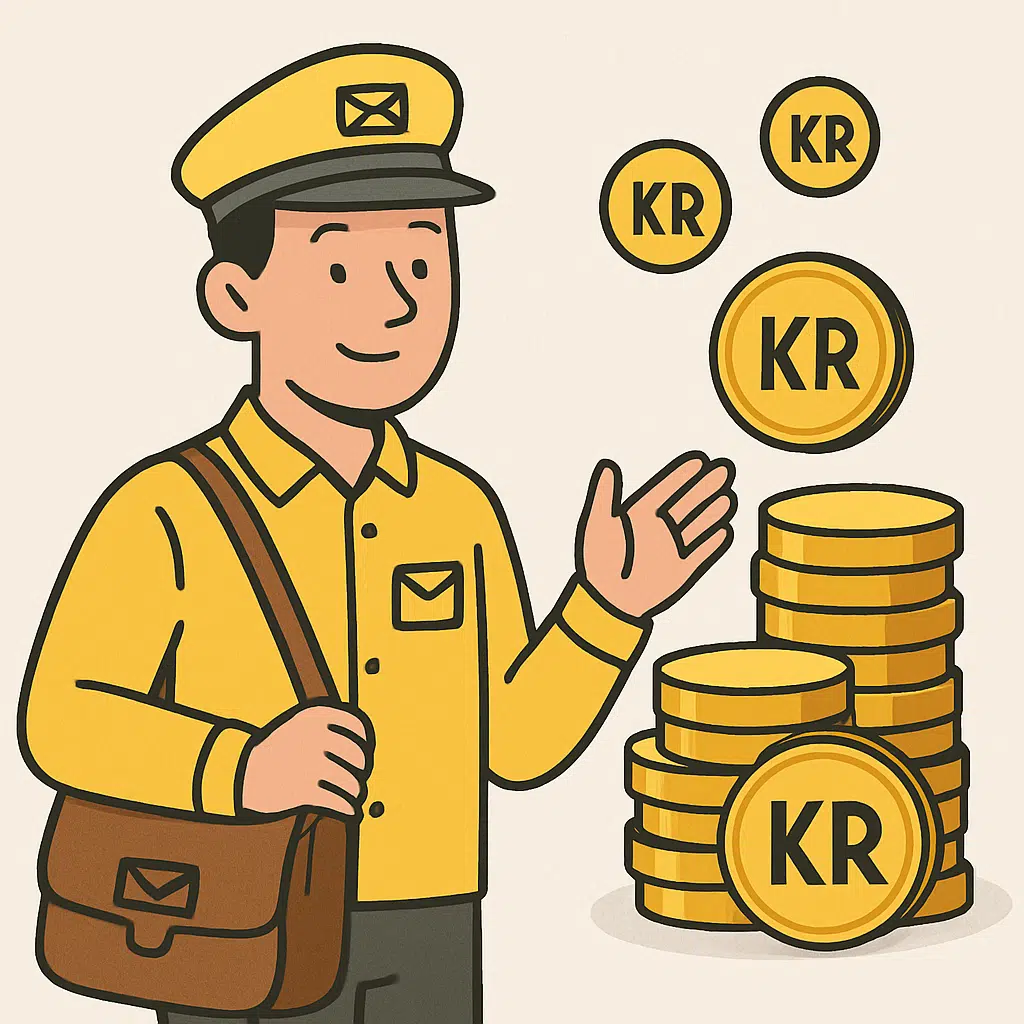 Postbud i gul uniform med posttaske og mønter symboliserer postbud løn 2024 i Danmark.