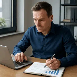 Produktionschef ved skrivebord med laptop og notesbog, der viser skema med lønniveauer for produktionschefer i Danmark 2023.