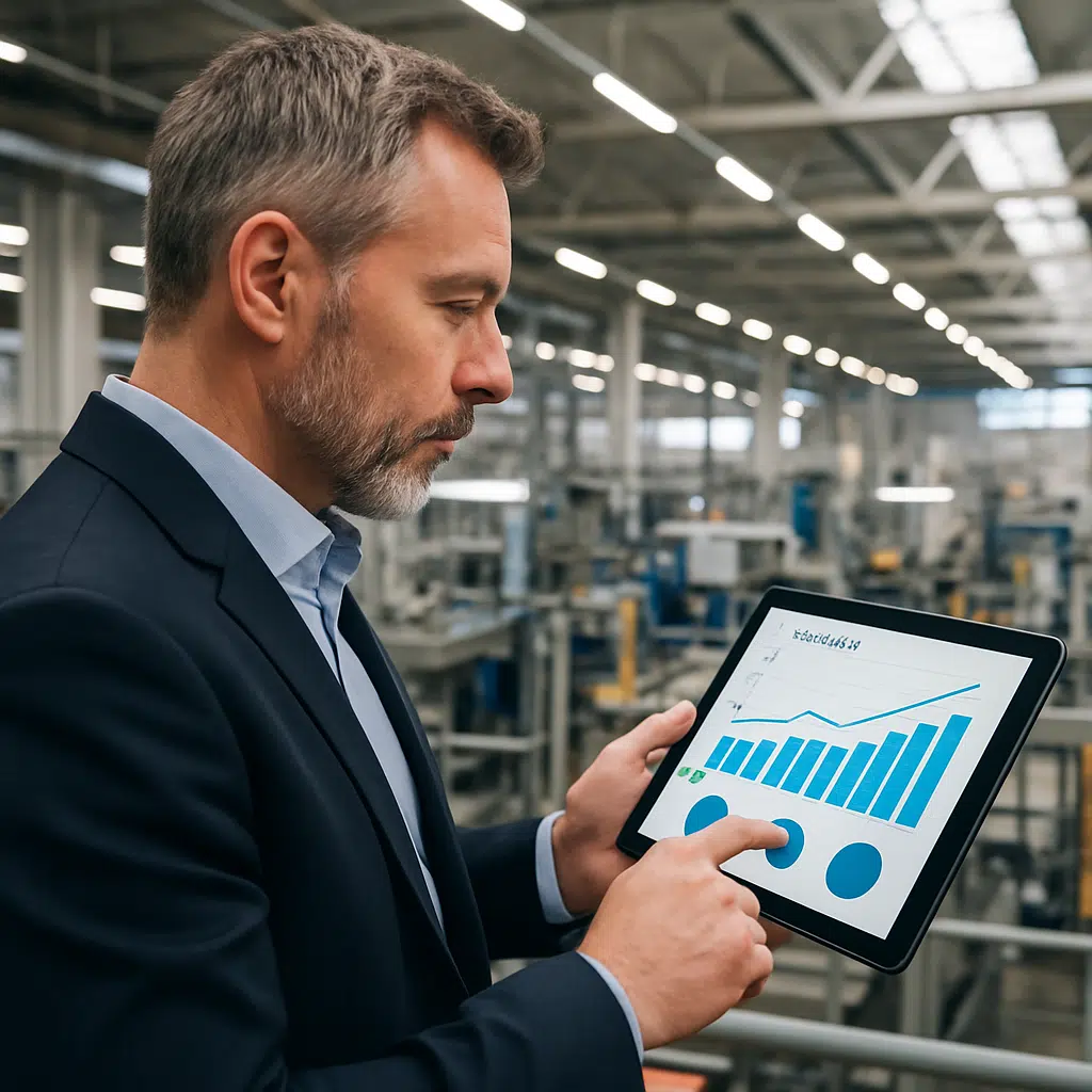 Produktionschef ved skrivebord med laptop og notesbog, der viser skema med lønniveauer for produktionschefer i Danmark 2023.