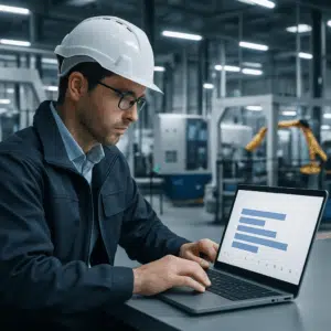 Produktionsingeniør gennemgår data om løn i 2024 på laptop i moderne fabriksmiljø