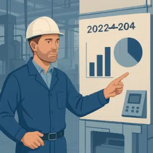 Produktionsleder på fabriksgulv peger på maskine med infografik over produktionsleder løn i Danmark 2024