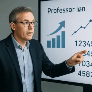 Dansk universitetsprofessor peger på en skærm med grafer og tal om professor løn i Danmark 2024.
