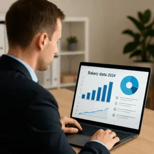 Rekrutteringskonsulent gennemgår løndata i Danmark 2024 på computer med diagrammer og lønforhandlingstips på skærmen