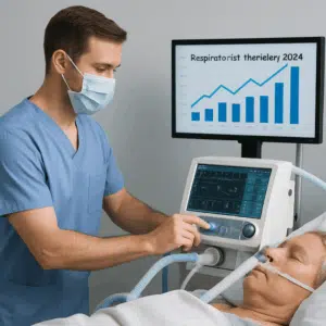 En respiratorisk hjælper justerer en ventilator ved en seng, mens en skærm i baggrunden viser grafer og tal om respiratorisk hjælper løn 2024