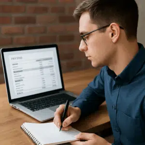 Revisorassistent tjekker lønspecifikation på laptop og noterer vigtige tal til lønforhandling